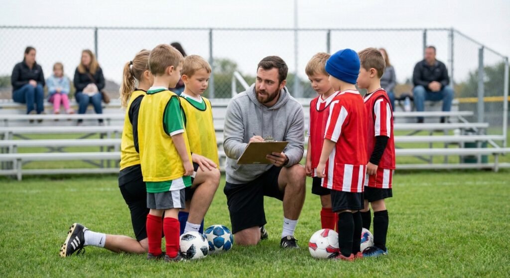 coache guiding kids how to play soccer batter and improve their skills 