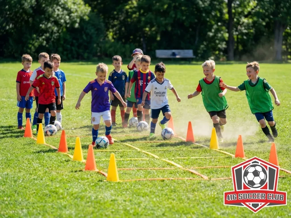Sharks and Minnows soccer game for young kids practicing dribbling under pressure