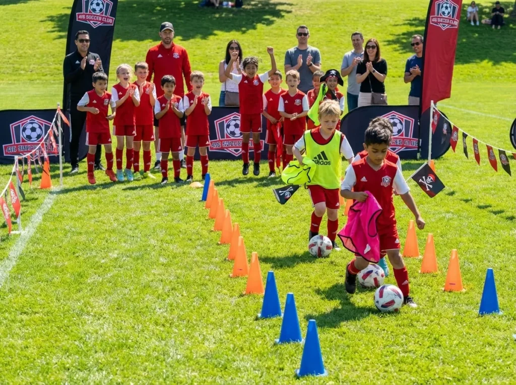 Treasure hunt relay soccer drill for young children focusing on dribbling and teamwork