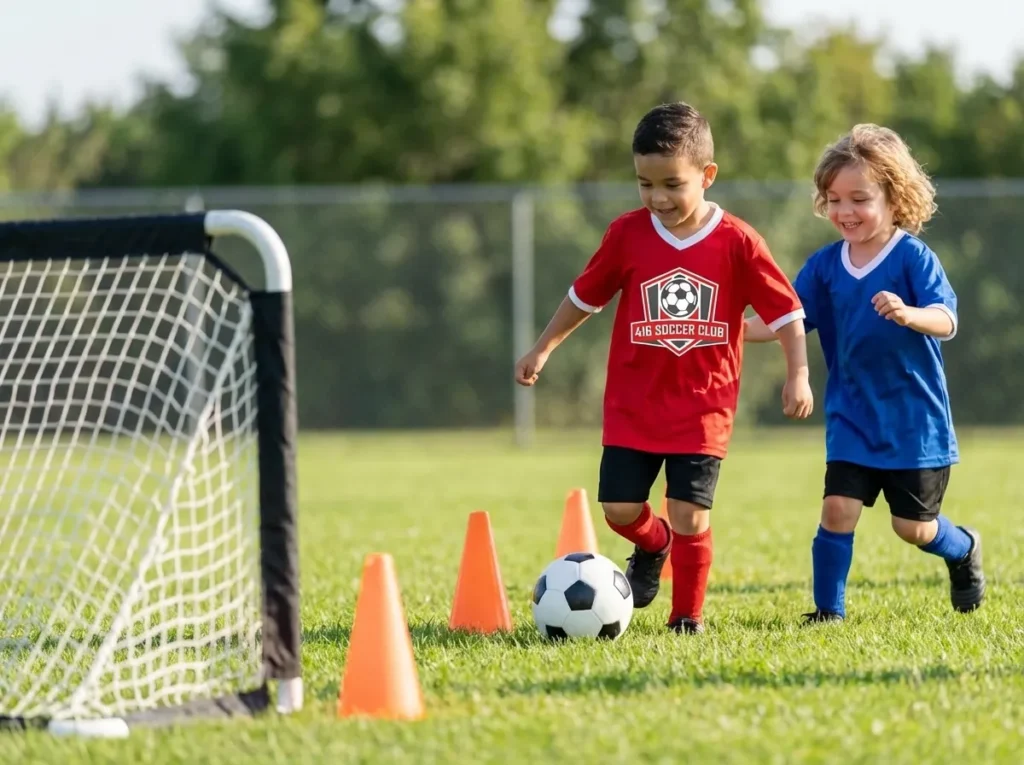 Dribble to shoot soccer game for five and six year olds