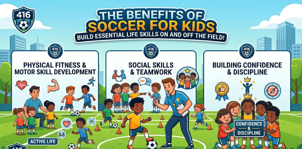 A colorful graphic showcasing the life skills built through recreational soccer programs for kids, including physical fitness, social teamwork, and the development of confidence and discipline.