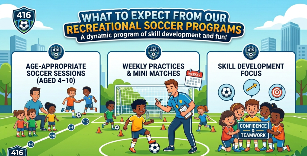 An infographic detailing the structure of recreational soccer programs for kids, featuring age-appropriate sessions for ages 4–10, weekly mini-matches, and a focus on skill development.