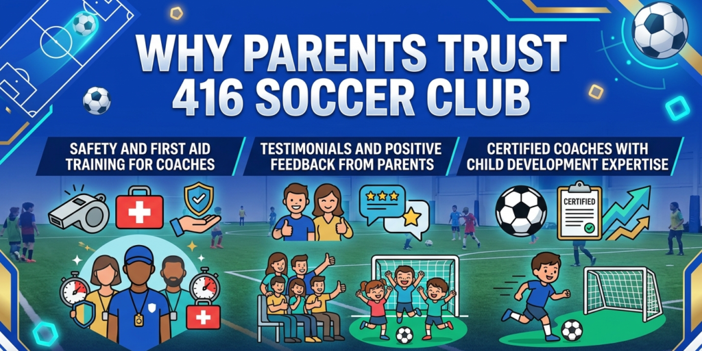 A trust-focused banner for 416 Soccer Club's recreational soccer programs for kids, emphasizing coach first-aid training, positive parent testimonials, and child development expertise.