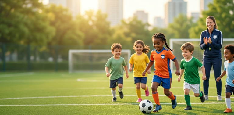 A diverse group of happy children running and dribbling a soccer ball on a sunny field during recreational soccer programs for kids, with a supportive coach clapping in the background.
